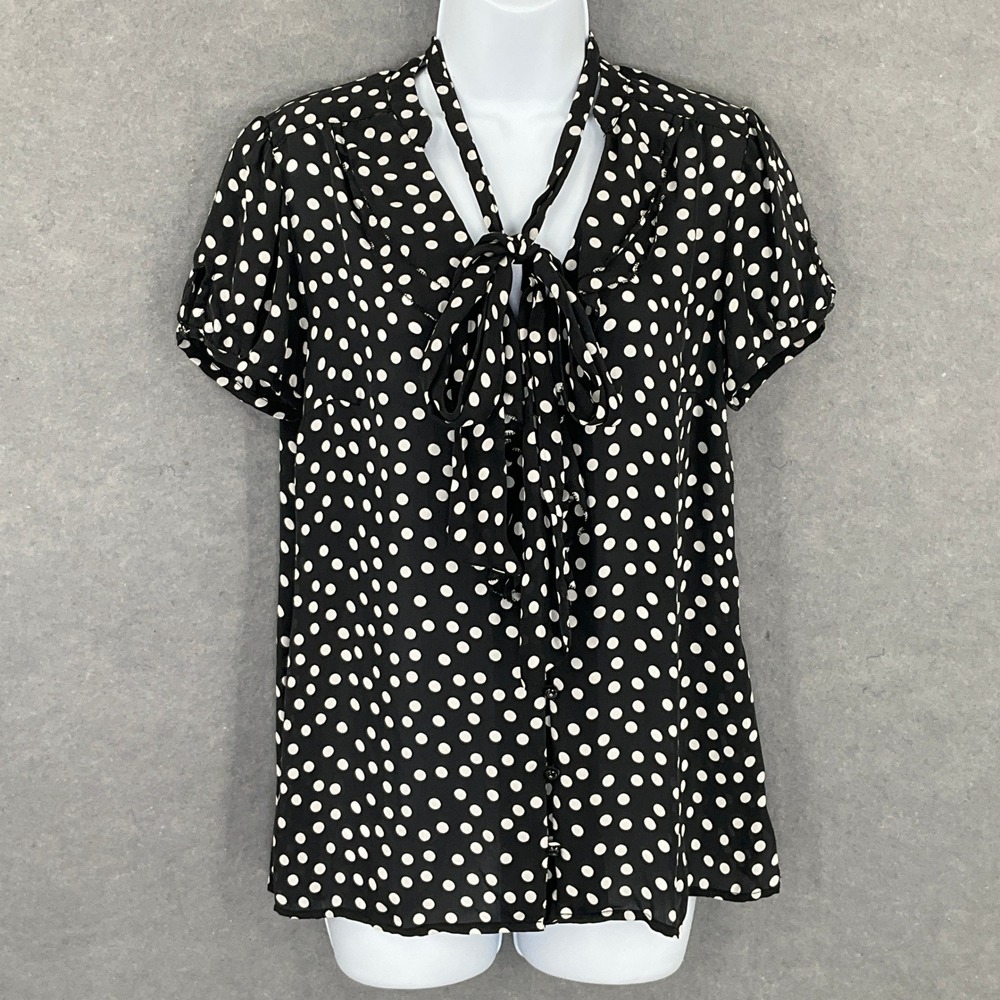 WHBM Top Womens Sz 6 Silk Polka Dot Blouse Tie Neck Office Teacher Whimsical